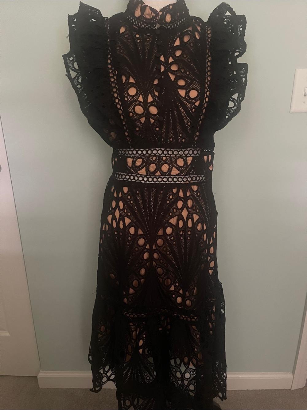 Dalia Macphee Black Lace Midi Dress with Cutout Detailing